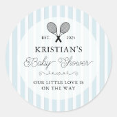 Preppy Blue Tennis Theme Chic Baby Shower ラウンドシール (正面)