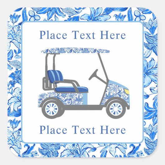 Preppy Blue & White Flowers Golf Cart スクエアシール (正面)