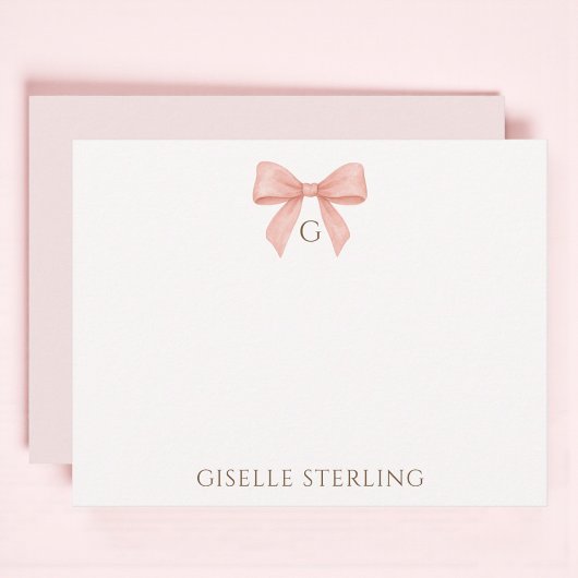 Preppy Blush Pink Bow Watercolor Monogram ノートカード