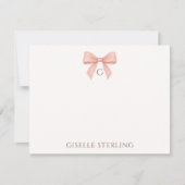 Preppy Blush Pink Bow Watercolor Monogram ノートカード (正面)