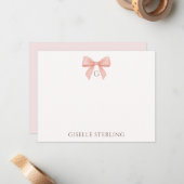 Preppy Blush Pink Bow Watercolor Monogram ノートカード (正面/裏面インサイチュ)