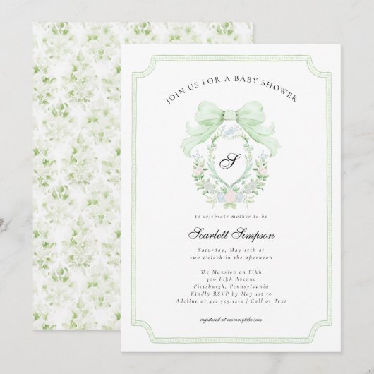 Preppy Botanical Green Bow Monogram Baby Shower   招待状 (正面/裏面)