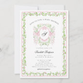 Preppy Botanical Pink Bow Monogram Baby Shower   招待状 (正面)
