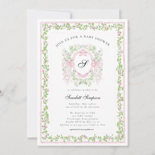 Preppy Botanical Pink Bow Monogram Baby Shower   招待状 (正面)