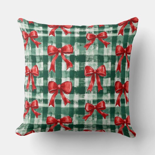 Preppy Bow Green Plaid Christmas クッション (正面)