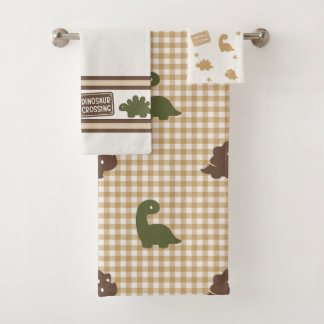 Preppy Boys Dinosaur Gingham - Brown Green & Khaki バスタオルセット