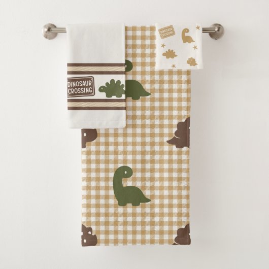 Preppy Boys Dinosaur Gingham - Brown Green & Khaki バスタオルセット (インサイチュ)
