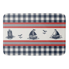 Preppy Boys Sailboat & Gingham - Barn Red & Navy バスマット