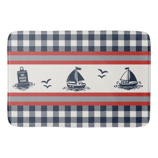 Preppy Boys Sailboat & Gingham - Barn Red & Navy バスマット (正面)