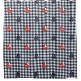 Preppy Boys Sailboat & Gingham Navy & Barn Red シャワーカーテン