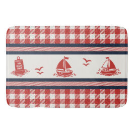 Preppy Boys Sailboat & Gingham - Navy & Barn Red バスマット