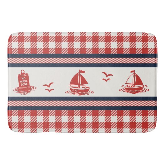 Preppy Boys Sailboat & Gingham - Navy & Barn Red バスマット (正面)