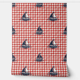 Preppy Boys Sailboat & Gingham Navy & Barn Red 壁紙