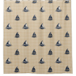 Preppy Boys Sailboat & Gingham Navy & Khaki シャワーカーテン