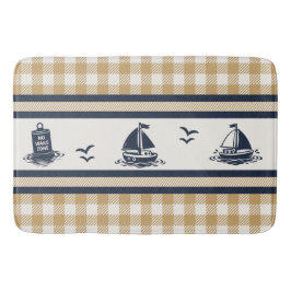 Preppy Boys Sailboat & Gingham - Navy & Khaki バスマット