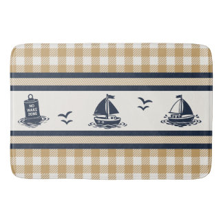 Preppy Boys Sailboat & Gingham - Navy & Khaki バスマット