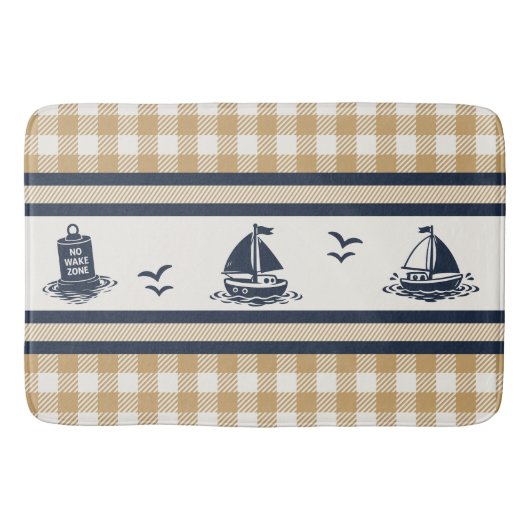 Preppy Boys Sailboat & Gingham - Navy & Khaki バスマット (正面)
