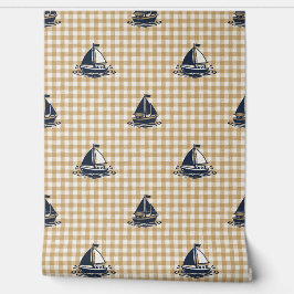 Preppy Boys Sailboat & Gingham Navy & Khaki 壁紙