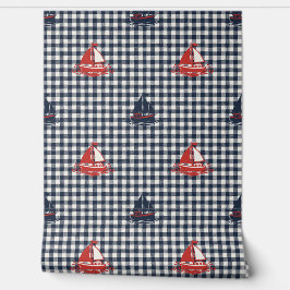 Preppy Boys Sailboat & Gingham Navy & Red 壁紙