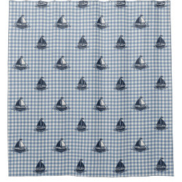 Preppy Boys Sailboat & Gingham Navy & Smoke Blue シャワーカーテン