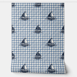 Preppy Boys Sailboat & Gingham Navy & Smoke Blue 壁紙