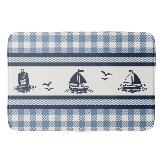 Preppy Boys Sailboat & Gingham - Smoke Blue & Navy バスマット (正面)