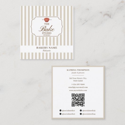 Preppy Brown & Beige Stripes Bakery Logo QR Code スクエア名刺 (正面/裏面)