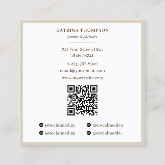 Preppy Brown & Beige Stripes Bakery Logo QR Code スクエア名刺 (裏面)