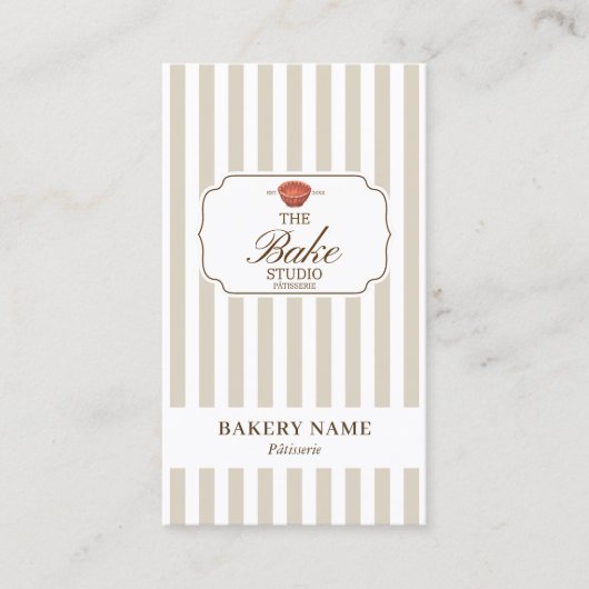 Preppy Brown & Beige Stripes Bakery Logo QR Code 名刺 (正面)
