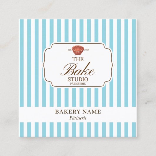 Preppy Brown & Blue Stripes Bakery Logo QR Code スクエア名刺 (正面)