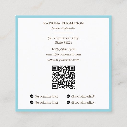 Preppy Brown & Blue Stripes Bakery Logo QR Code スクエア名刺 (裏面)