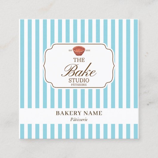 Preppy Brown & Blue Stripes Bakery Logo QR Code スクエア名刺 (正面)