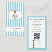 Preppy Brown & Blue Stripes Bakery Logo QR Code 名刺 (正面/裏面)