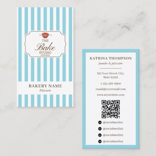 Preppy Brown & Blue Stripes Bakery Logo QR Code 名刺 (正面/裏面)