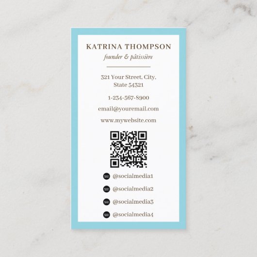 Preppy Brown & Blue Stripes Bakery Logo QR Code 名刺 (裏面)