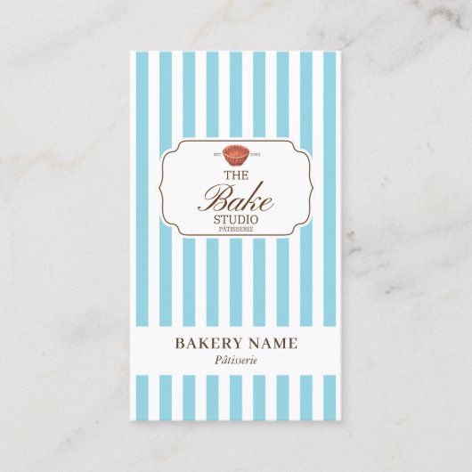 Preppy Brown & Blue Stripes Bakery Logo QR Code 名刺 (正面)
