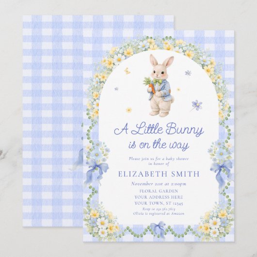 Preppy Bunny Floral Rabbit Gingham Boy Baby Shower 招待状 (正面/裏面)
