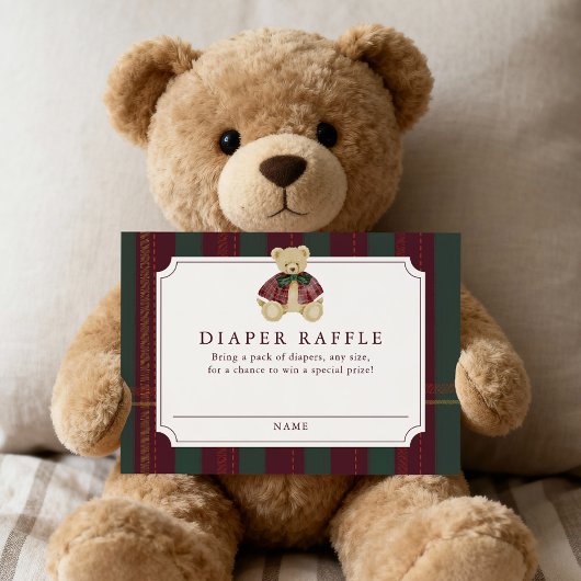 Preppy Burgundy Plaid Teddy Bear Diaper Raffle エンクロージャーカード