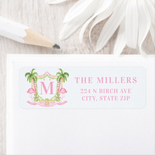 Preppy Christmas Flamingo Crest Monogram ラベル (インサイチュ)