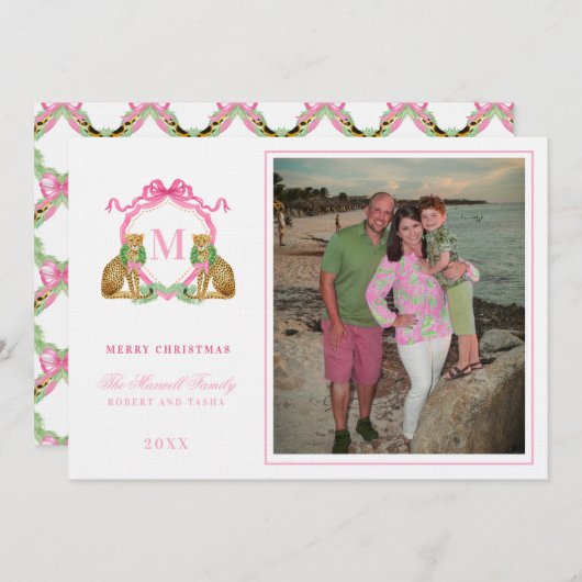 Preppy Christmas Leopard Crest Monogram  招待状 (正面/裏面)