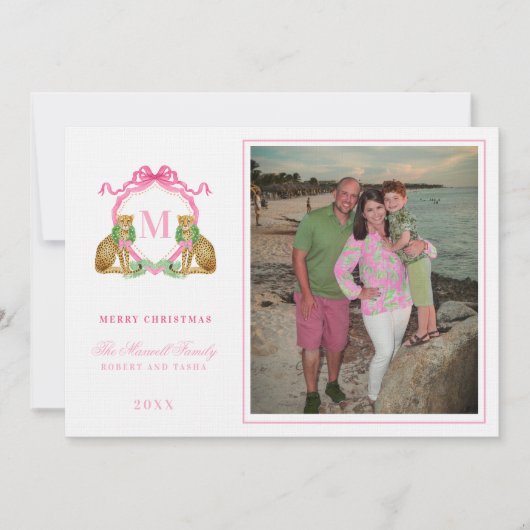 Preppy Christmas Leopard Crest Monogram  招待状 (正面)