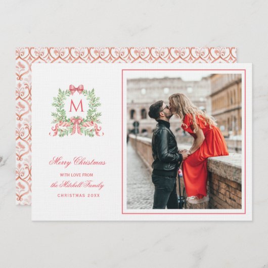 Preppy Christmas Leopard Crest Monogram 招待状 (正面/裏面)