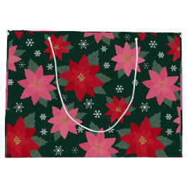 Preppy Christmas Poinsettias & Snowflake Gift Bag ラージペーパーバッグ