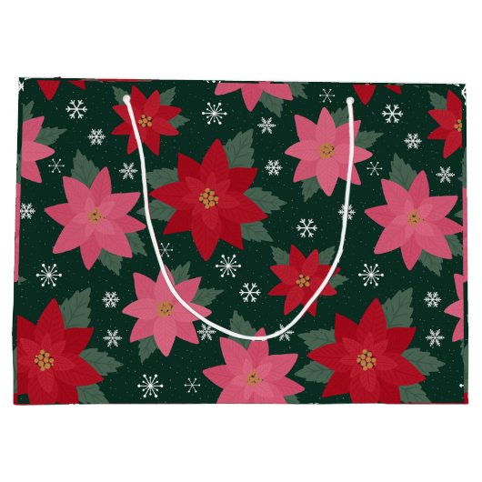 Preppy Christmas Poinsettias & Snowflake Gift Bag ラージペーパーバッグ (裏面)