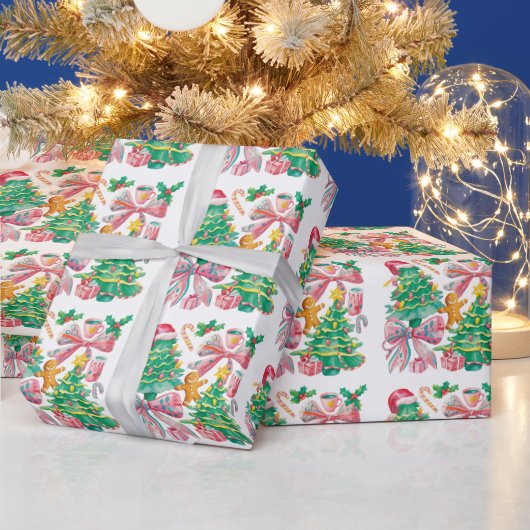Preppy Christmas Tree Bow Pink Blue Coquette ラッピングペーパー (クリスマス)