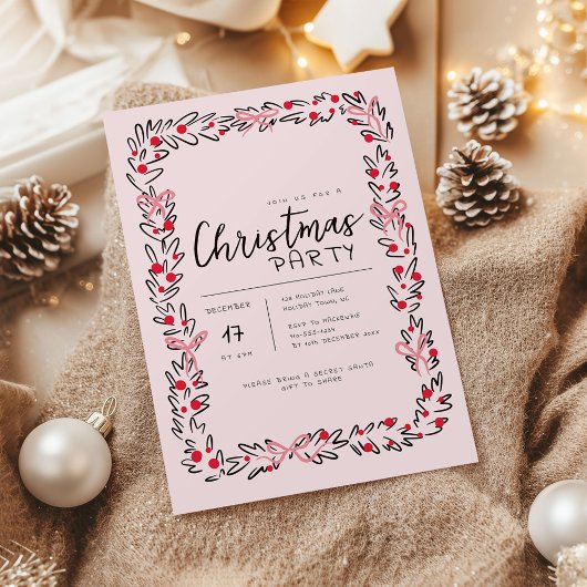 Preppy Christmas Wreath & Bow Party Invitation 招待状