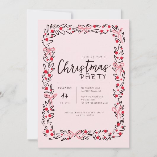 Preppy Christmas Wreath & Bow Party Invitation 招待状 (正面)