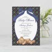 Preppy Classic Polo Bear Navy Plaid Baby Shower 招待状 (スタンド正面)