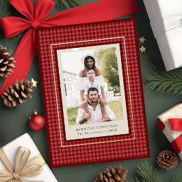 Preppy Classic Red Houndstooth Christmas Photo 箔シーズンカード
