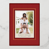 Preppy Classic Red Houndstooth Christmas Photo 箔シーズンカード (正面)